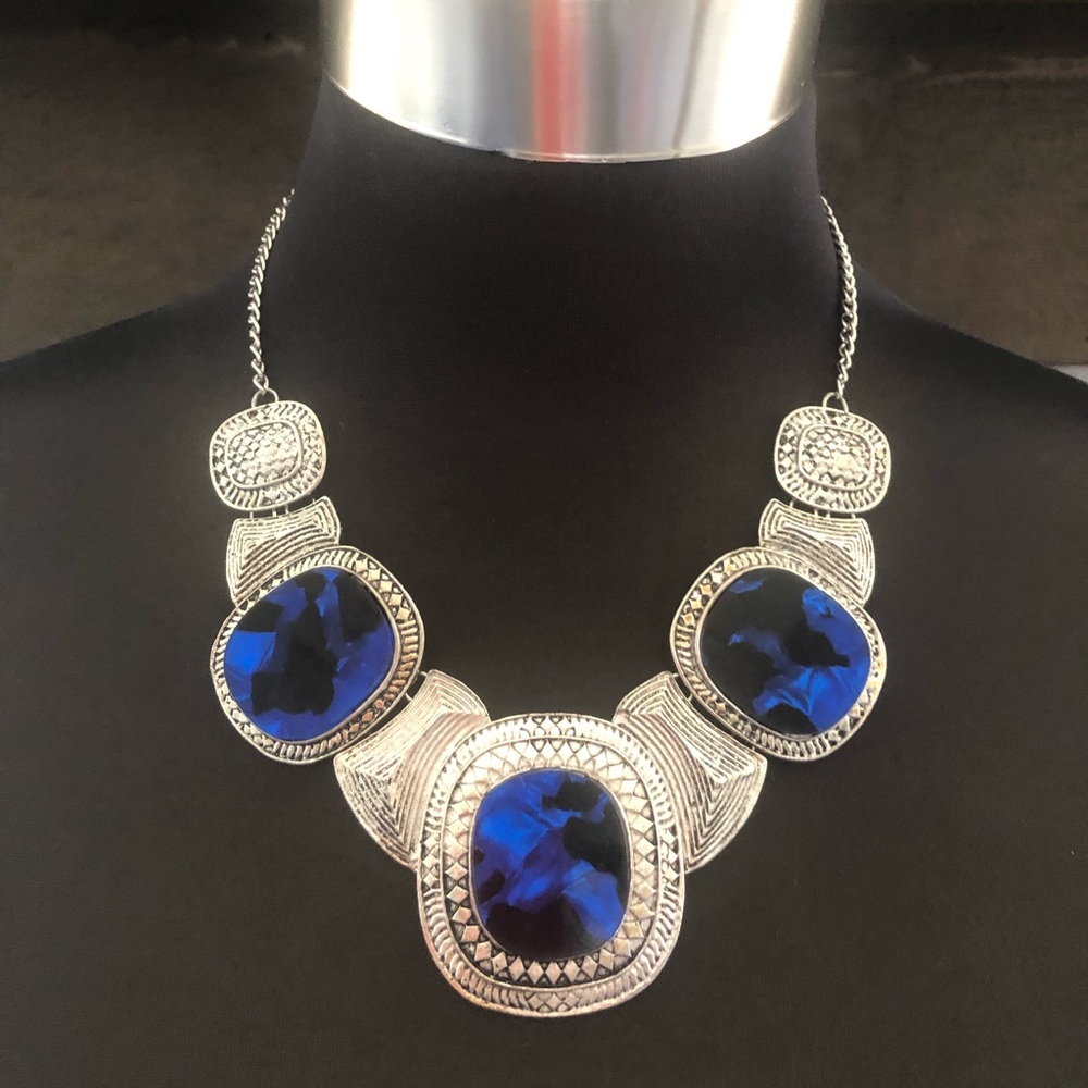 Vintage 1980s Silver & Blue Bib Necklace, Boho Bold Tribal Ethnic